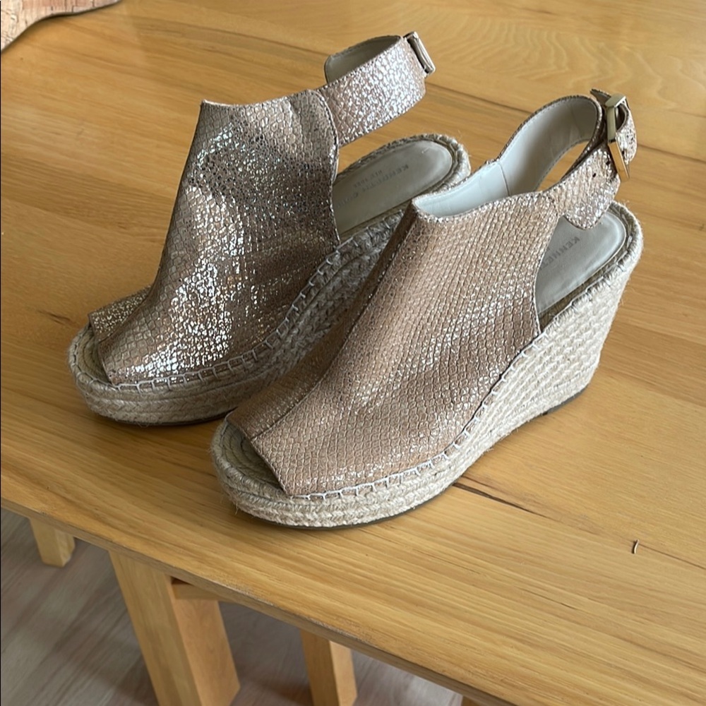 Kenneth Cole New York Tan Wedge Espadrilles with Peep-Toe